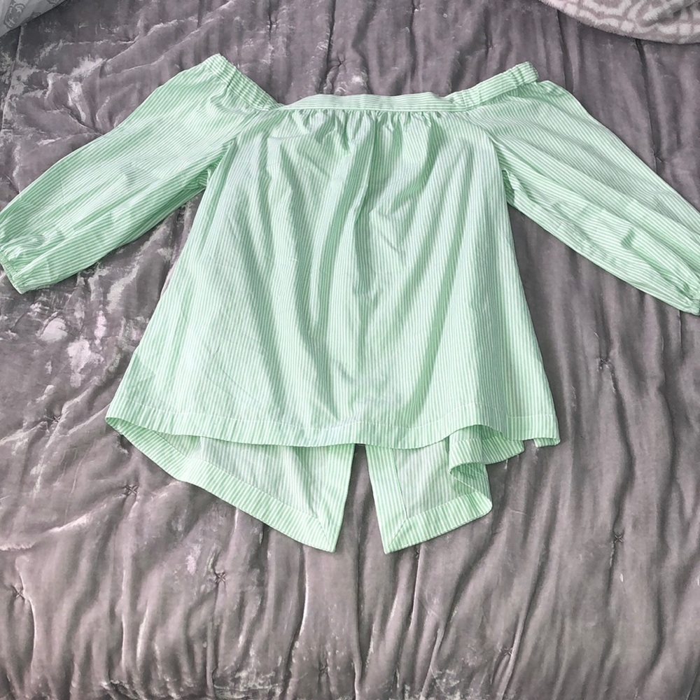 Off the shoulder green and white striped top